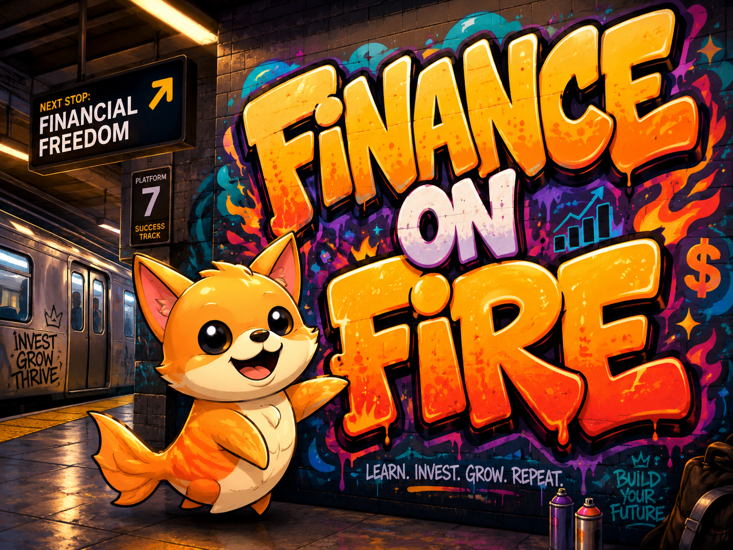 Finance On Fire graffiti mural in a train station with mascot